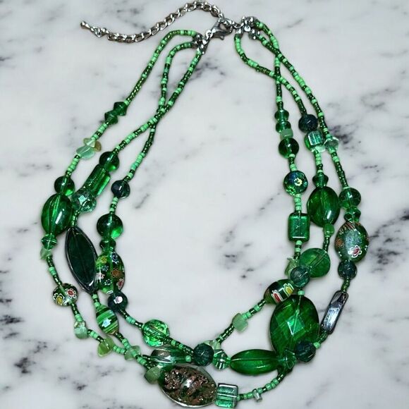 Handmade Triple Strand Glass Beaded Green Necklace with millefiori Beads 16” - Picture 4 of 5